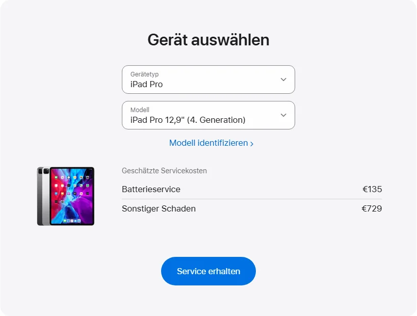 Apple Deutschland's repair pricing panel showing iPad Pro 12,9" (4. Generation) service estimates