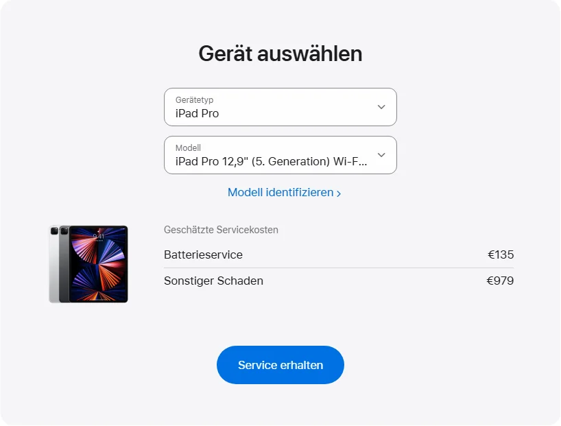 Apple Deutschland's repair pricing panel showing iPad Pro 12,9" (5. Generation) Wi-Fi + Cellular service estimates