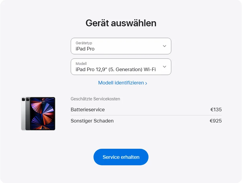 Apple Deutschland's repair pricing panel showing iPad Pro 12,9" (5. Generation) Wi-Fi service estimates