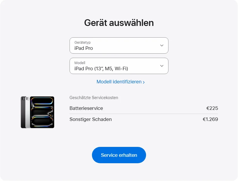 Apple Deutschland's repair pricing panel showing iPad Pro (13″, M5, Wi-Fi) service estimates