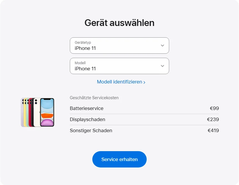 Apple Deutschland's repair pricing panel showing iPhone 11 service estimates