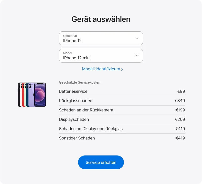 Apple Deutschland's repair pricing panel showing iPhone 12 mini service estimates