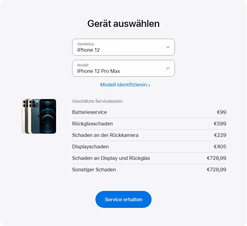Apple Deutschland's repair pricing panel showing iPhone 12 Pro Max service estimates