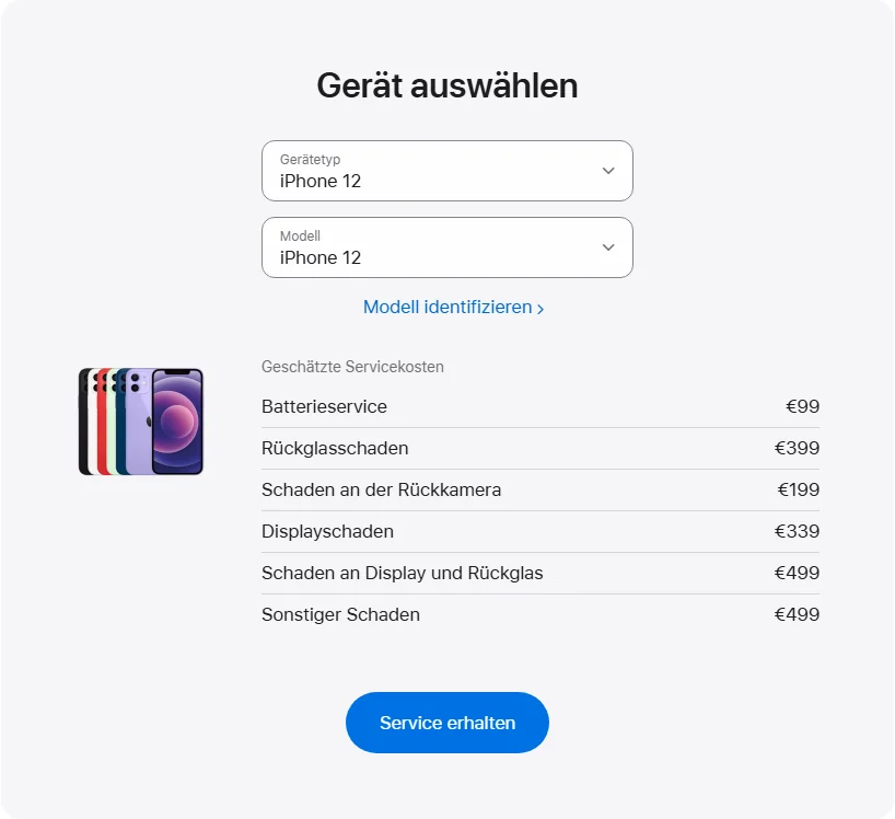Apple Deutschland's repair pricing panel showing iPhone 12 service estimates