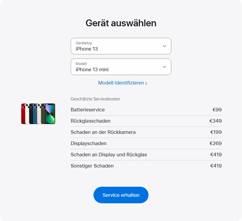 Apple Deutschland's repair pricing panel showing iPhone 13 mini service estimates