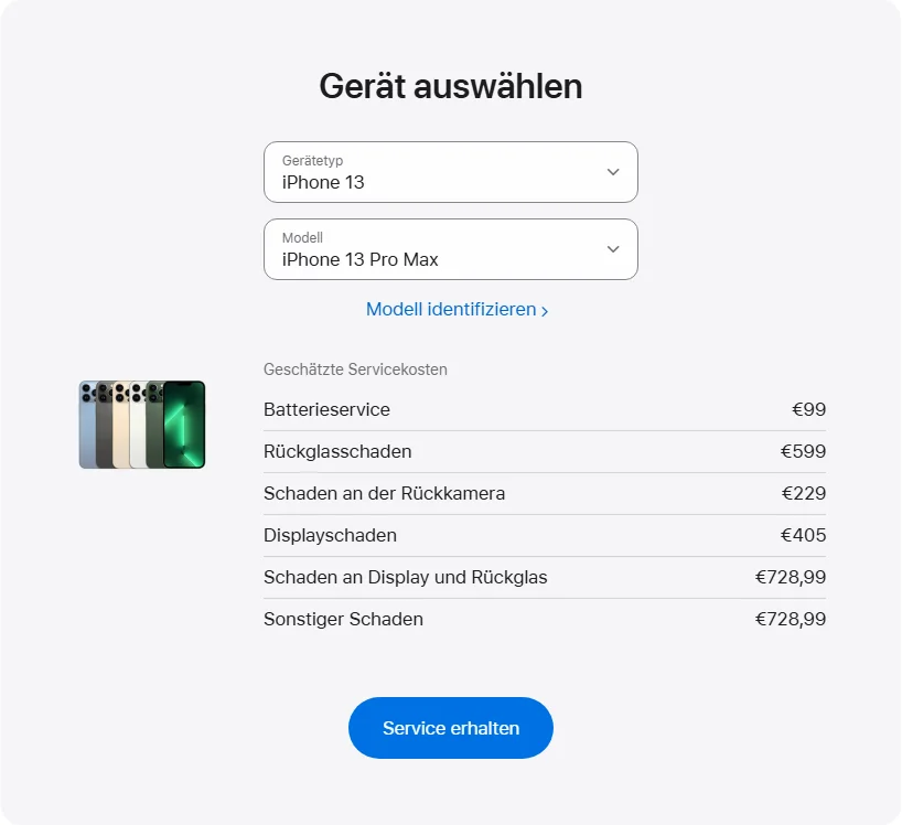 Apple Deutschland's repair pricing panel showing iPhone 13 Pro Max service estimates