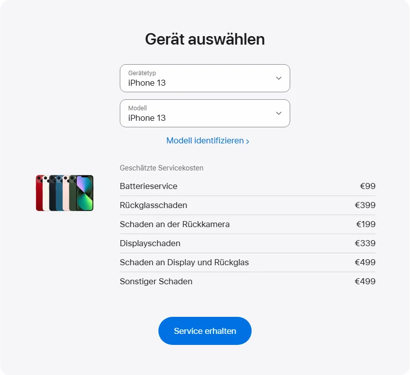 Apple Deutschland's repair pricing panel showing iPhone 13 service estimates