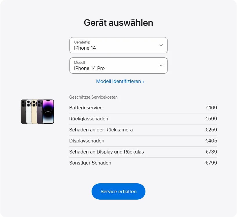Apple Deutschland's repair pricing panel showing iPhone 14 Pro service estimates