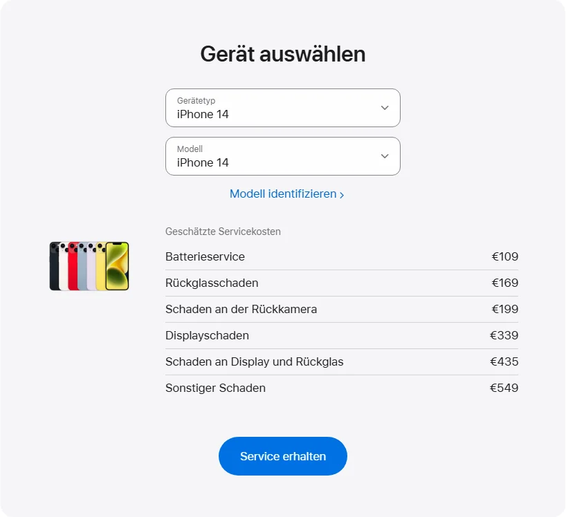 Apple Deutschland's repair pricing panel showing iPhone 14 service estimates