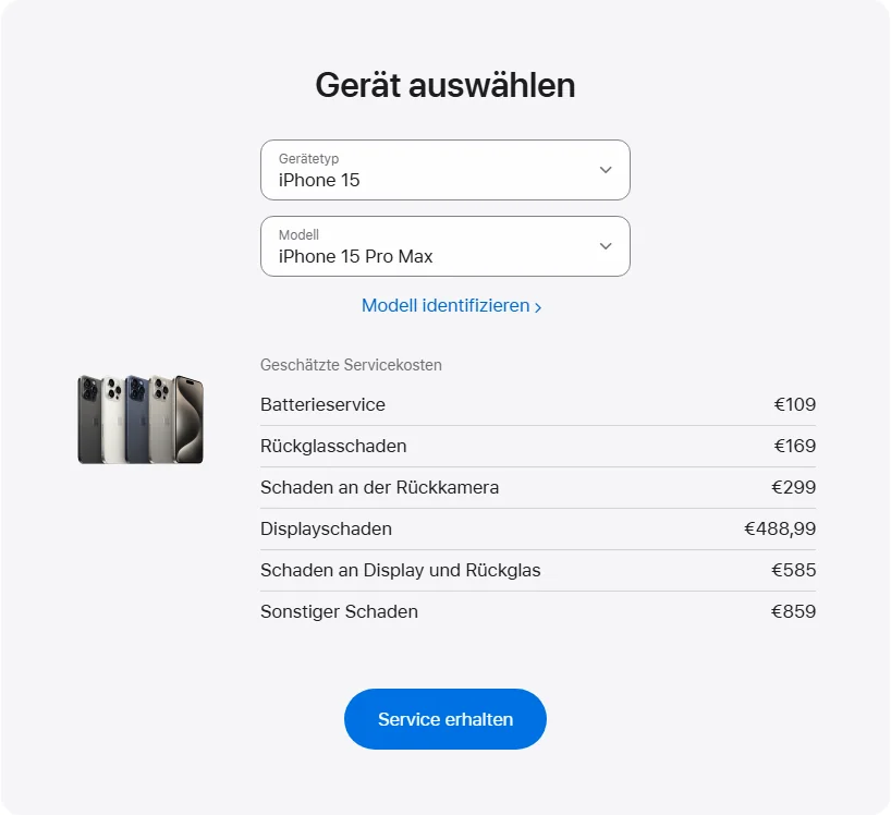 Apple Deutschland's repair pricing panel showing iPhone 15 Pro Max service estimates