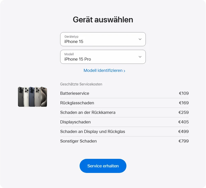 Apple Deutschland's repair pricing panel showing iPhone 15 Pro service estimates