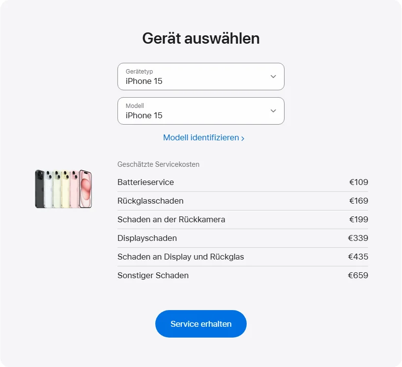 Apple Deutschland's repair pricing panel showing iPhone 15 service estimates
