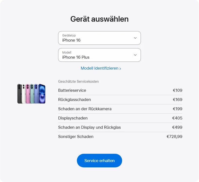 Apple Deutschland's repair pricing panel showing iPhone 16 Plus service estimates