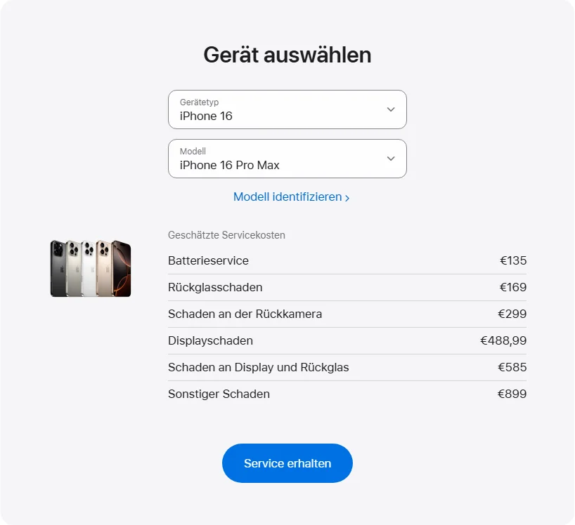 Apple Deutschland's repair pricing panel showing iPhone 16 Pro Max service estimates