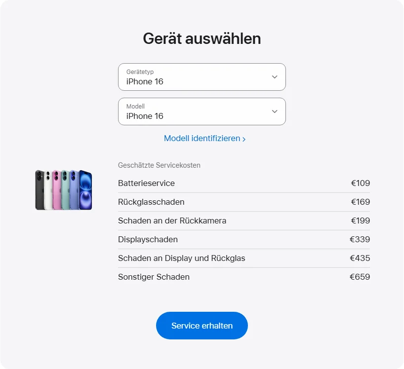 Apple Deutschland's repair pricing panel showing iPhone 16 service estimates