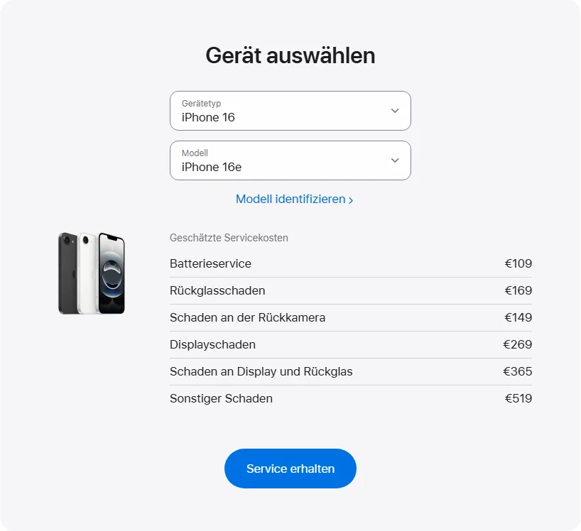 Apple Deutschland's repair pricing panel showing iPhone 16e service estimates
