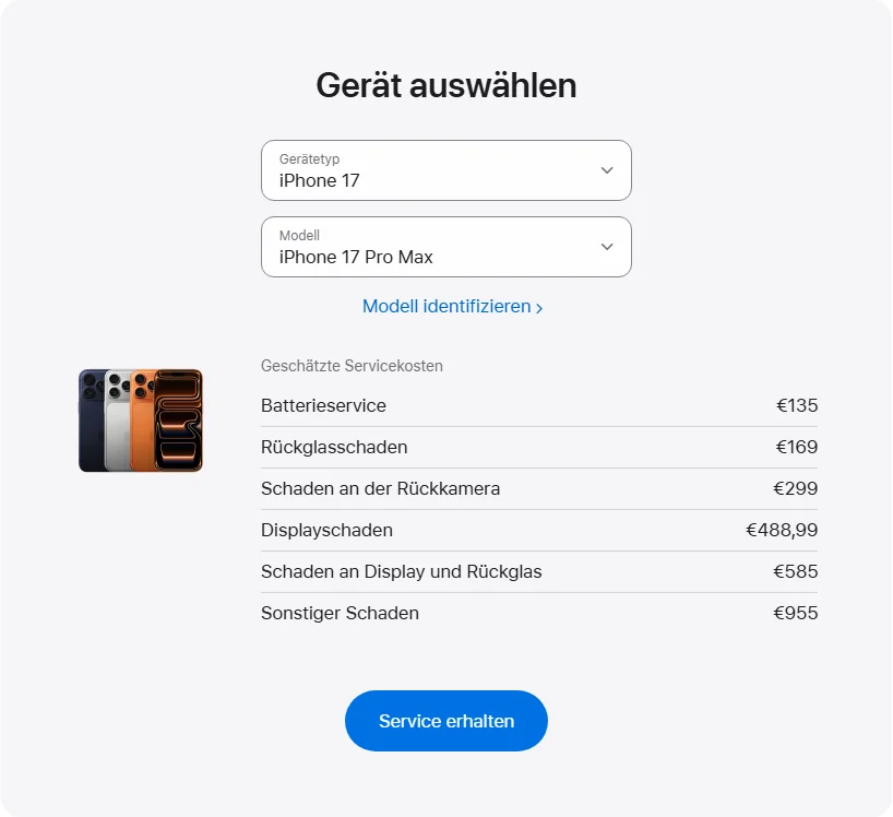 Apple Deutschland's repair pricing panel showing iPhone 17 Pro Max service estimates