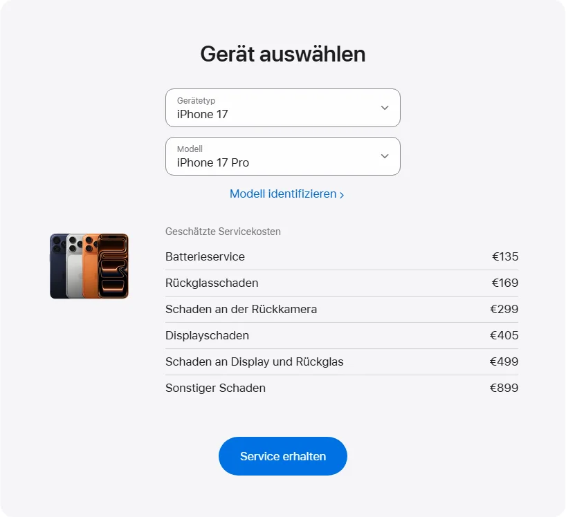 Apple Deutschland's repair pricing panel showing iPhone 17 Pro service estimates