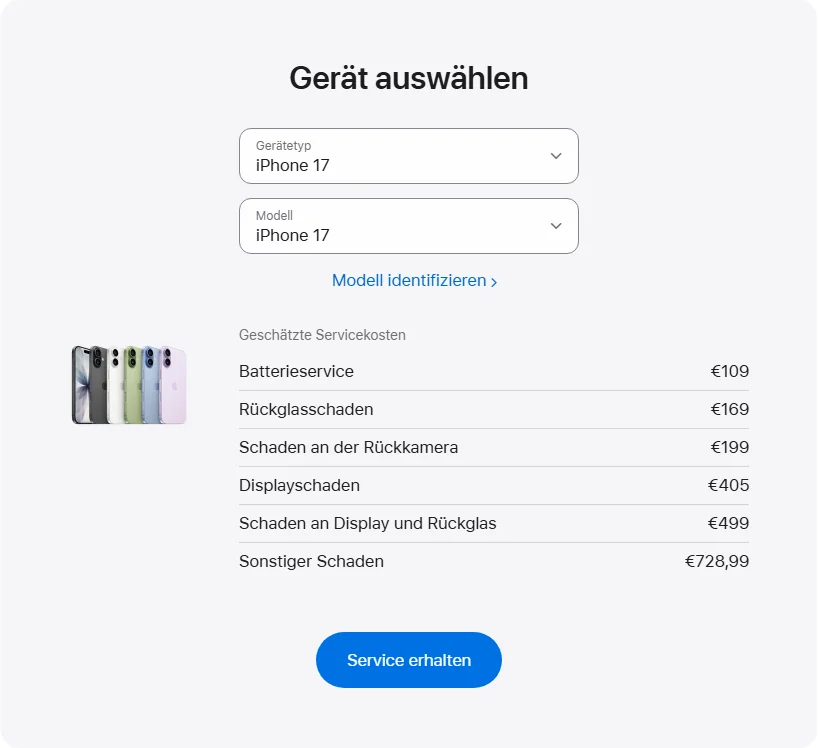 Apple Deutschland's repair pricing panel showing iPhone 17 service estimates
