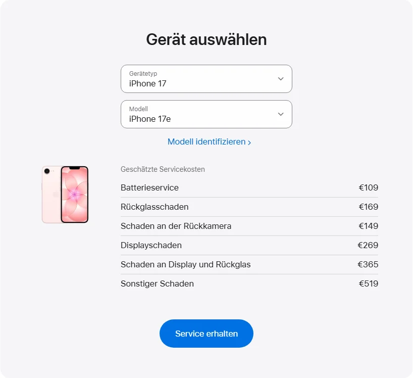 Apple Deutschland's repair pricing panel showing iPhone 17e service estimates