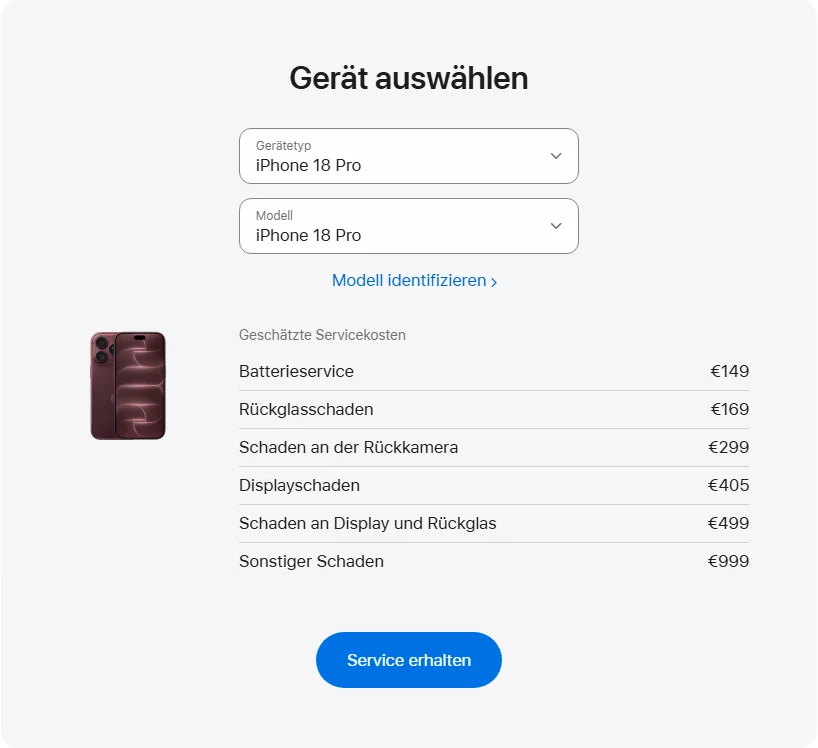 Apple Deutschland's repair pricing panel showing iPhone 18 Pro service estimates