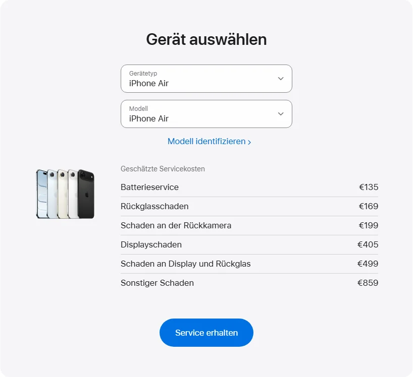 Apple Deutschland's repair pricing panel showing iPhone Air service estimates