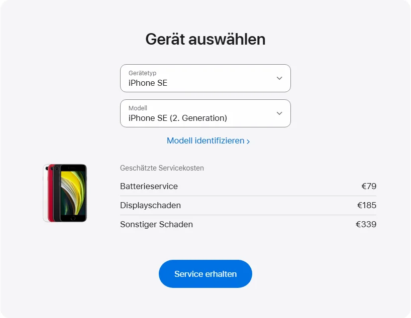 Apple Deutschland's repair pricing panel showing iPhone SE (2. Generation) service estimates