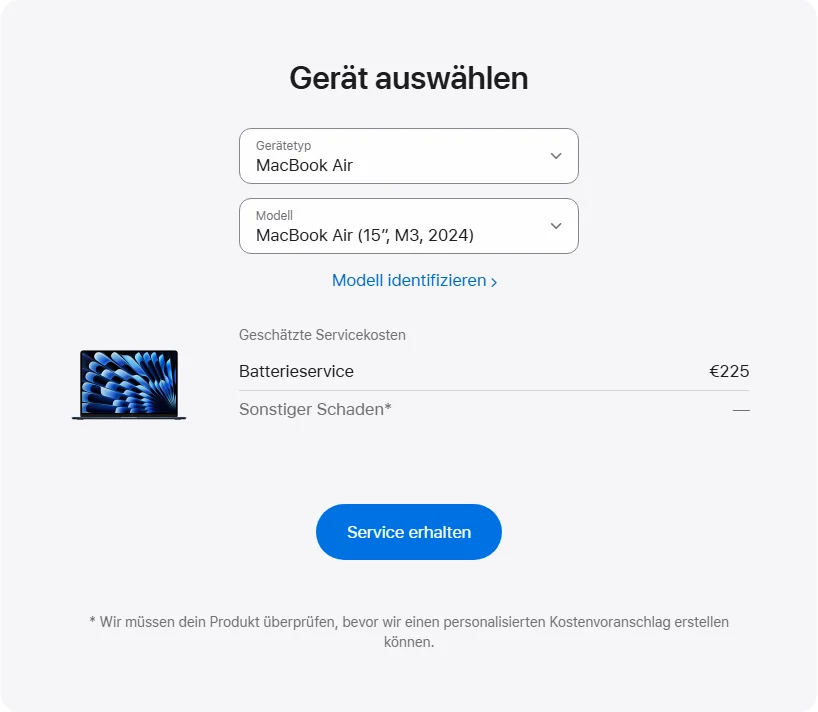 Apple Deutschland's repair pricing panel showing MacBook Air (15″, M3, 2024) service estimates
