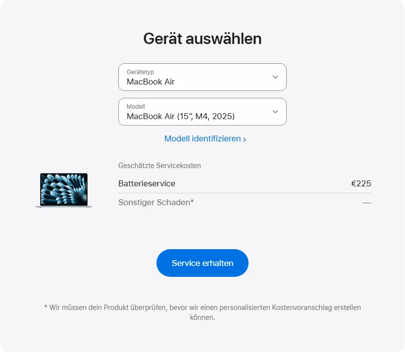 Apple Deutschland's repair pricing panel showing MacBook Air (15″, M4, 2025) service estimates