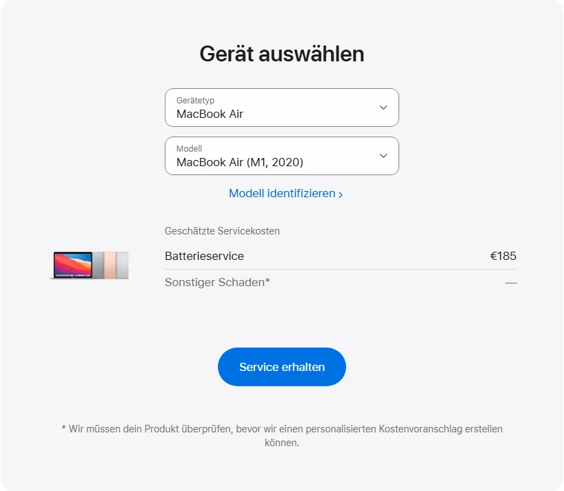 Apple Deutschland's repair pricing panel showing MacBook Air (M1, 2020) service estimates