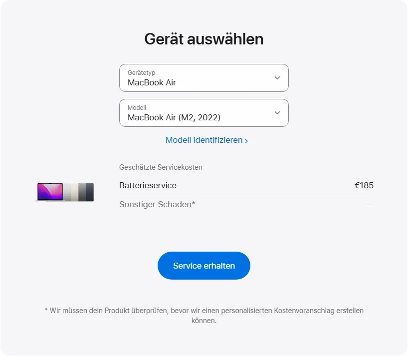 Apple Deutschland's repair pricing panel showing MacBook Air (M2, 2022) service estimates