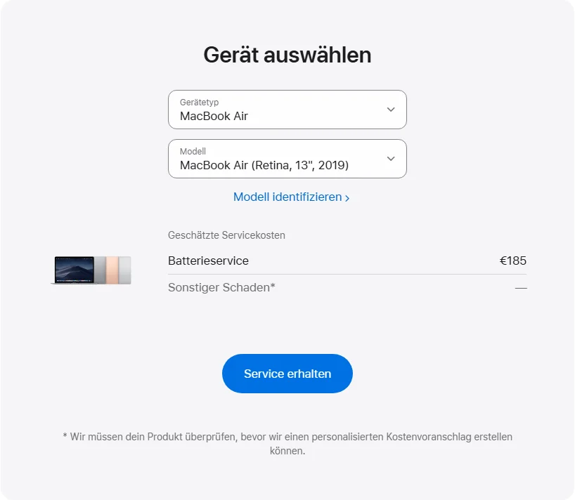 Apple Deutschland's repair pricing panel showing MacBook Air (Retina, 13", 2019) service estimates