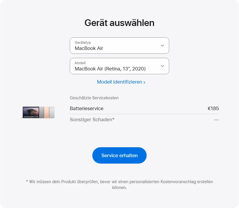 Apple Deutschland's repair pricing panel showing MacBook Air (Retina, 13", 2020) service estimates