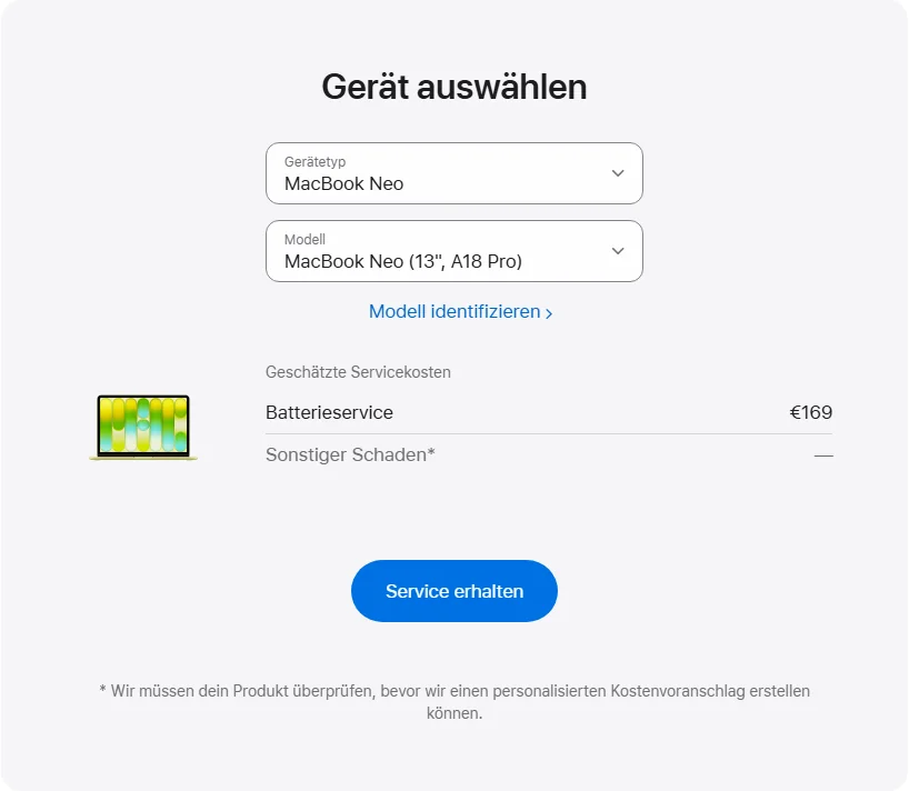 Apple Deutschland's repair pricing panel showing MacBook Neo (13", A18 Pro) service estimates