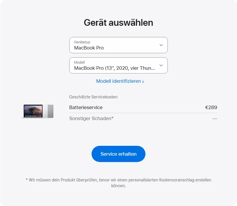 Apple Deutschland's repair pricing panel showing MacBook Pro (13'', 2020, vier Thunderbolt 3-Anschlüsse) service estimates