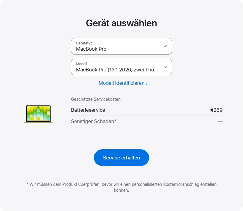 Apple Deutschland's repair pricing panel showing MacBook Pro (13'', 2020, zwei Thunderbolt 3-Anschlüsse) service estimates