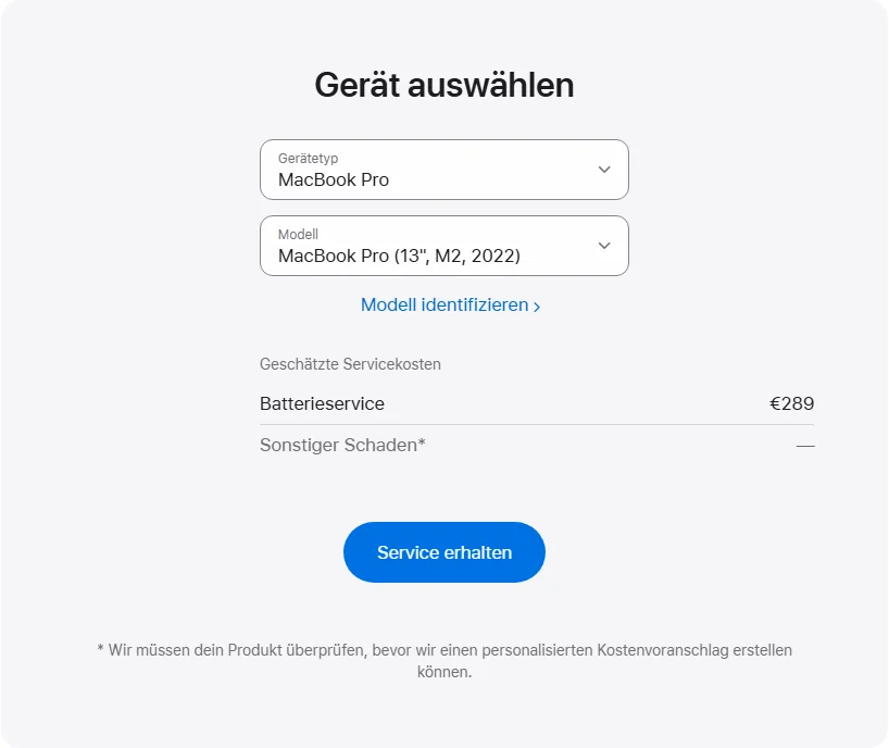 Apple Deutschland's repair pricing panel showing MacBook Pro (13", M2, 2022) service estimates