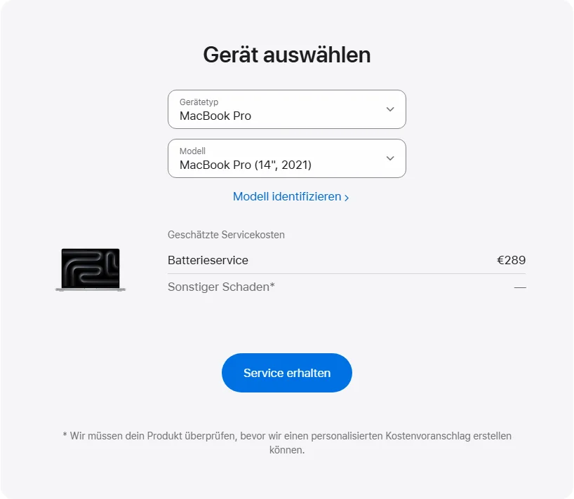 Apple Deutschland's repair pricing panel showing MacBook Pro (14", 2021) service estimates