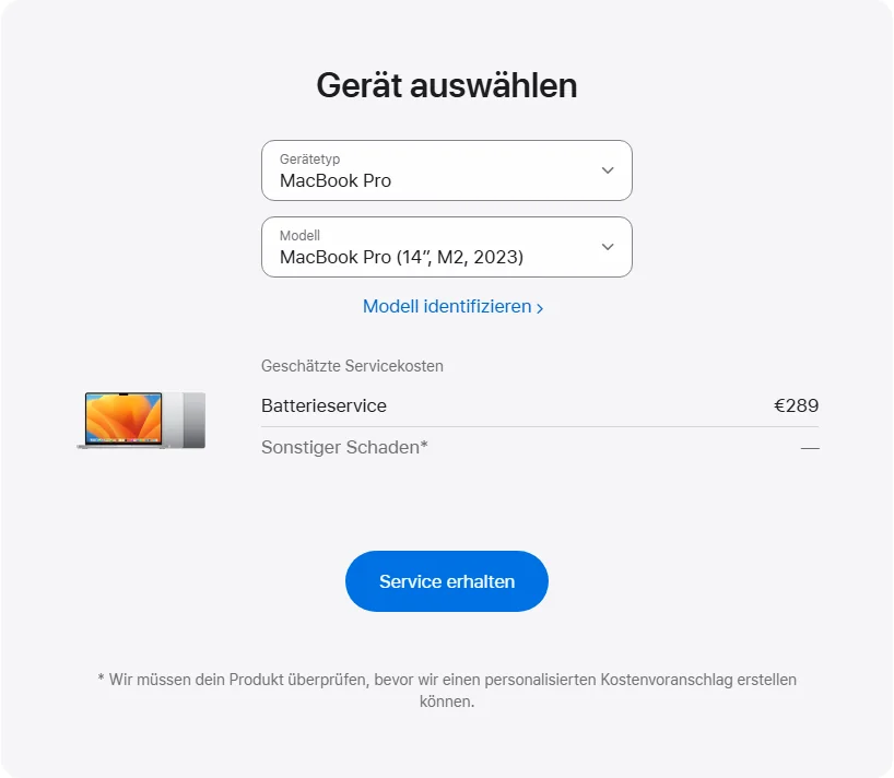 Apple Deutschland's repair pricing panel showing MacBook Pro (14″, M2, 2023) service estimates