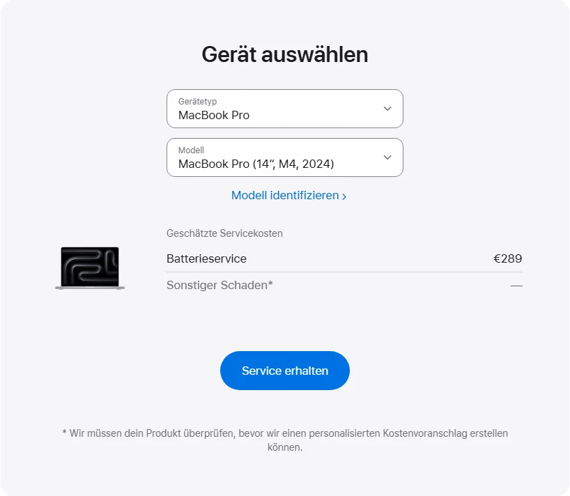 Apple Deutschland's repair pricing panel showing MacBook Pro (14″, M4, 2024) service estimates