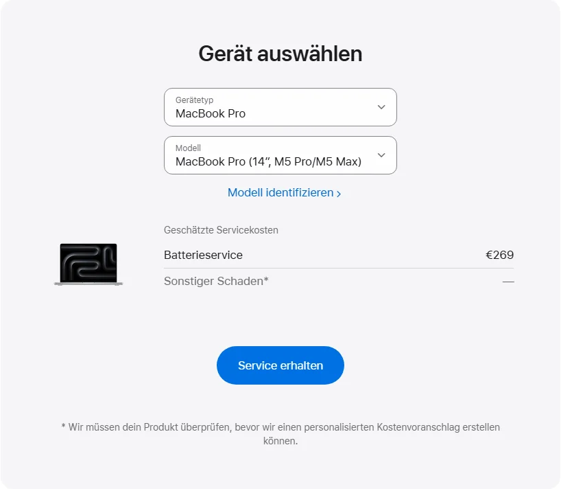 Apple Deutschland's repair pricing panel showing MacBook Pro (14″, M5 Pro/M5 Max) service estimates