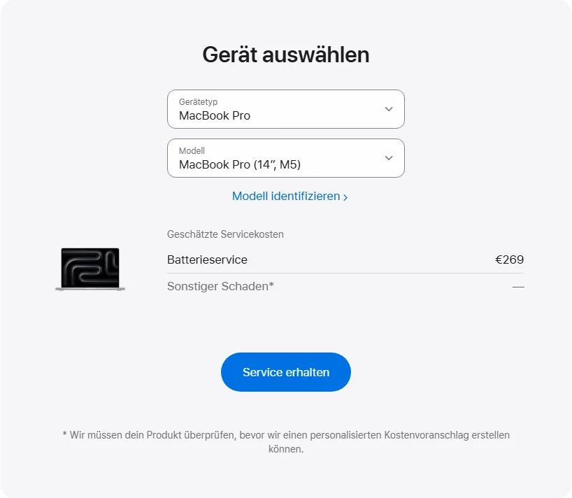 Apple Deutschland's repair pricing panel showing MacBook Pro (14″, M5) service estimates