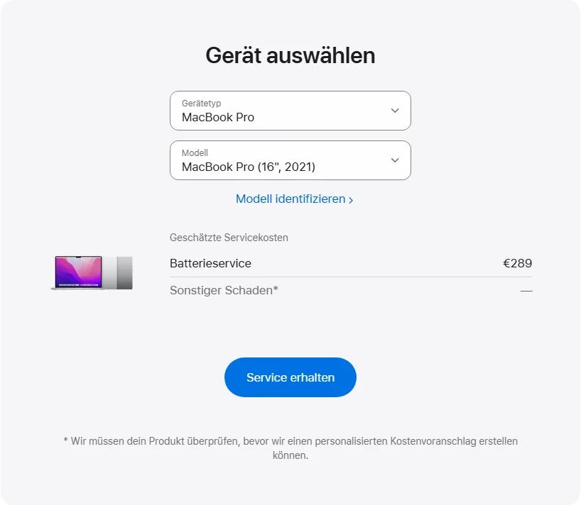 Apple Deutschland's repair pricing panel showing MacBook Pro (16", 2021) service estimates