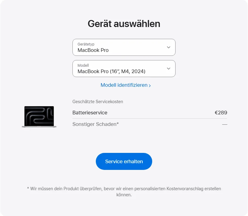 Apple Deutschland's repair pricing panel showing MacBook Pro (16″, M4, 2024) service estimates