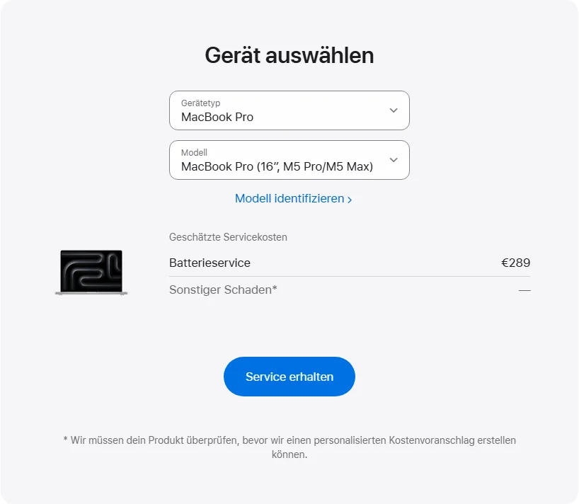 Apple Deutschland's repair pricing panel showing MacBook Pro (16″, M5 Pro/M5 Max) service estimates