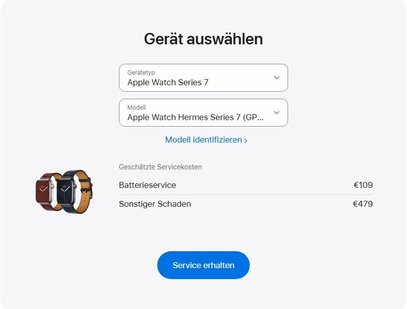 Apple Deutschland's repair pricing panel showing Apple Watch Hermes Series 7 (GPS + Cellular) 41 mm service estimates