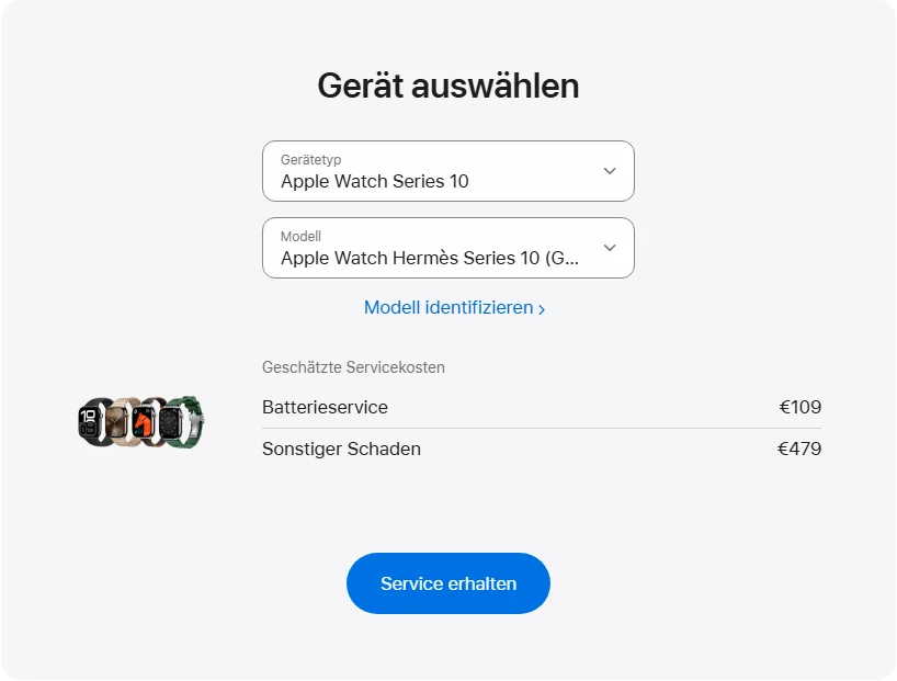 Apple Deutschland's repair pricing panel showing Apple Watch Hermès Series 10 (GPS + Cellular) 42 mm service estimates