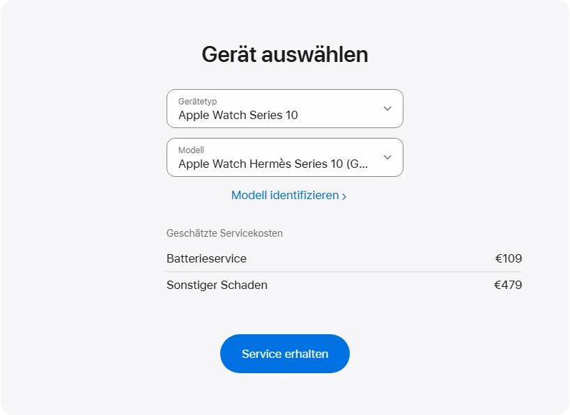 Apple Deutschland's repair pricing panel showing Apple Watch Hermès Series 10 (GPS + Cellular) 46 mm service estimates