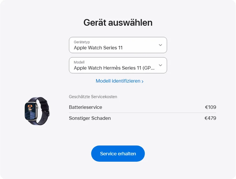 Apple Deutschland's repair pricing panel showing Apple Watch Hermès Series 11 (GPS + Cellular) 46 mm service estimates