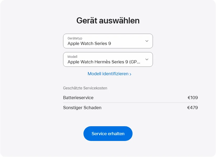 Apple Deutschland's repair pricing panel showing Apple Watch Hermès Series 9 (GPS + Cellular) 45 mm service estimates